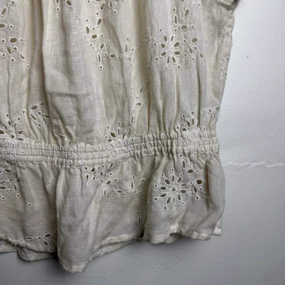 Free People Cream Eyelet Embroidery Peasant Blouse Cottagecore Puff Sleeve Top M